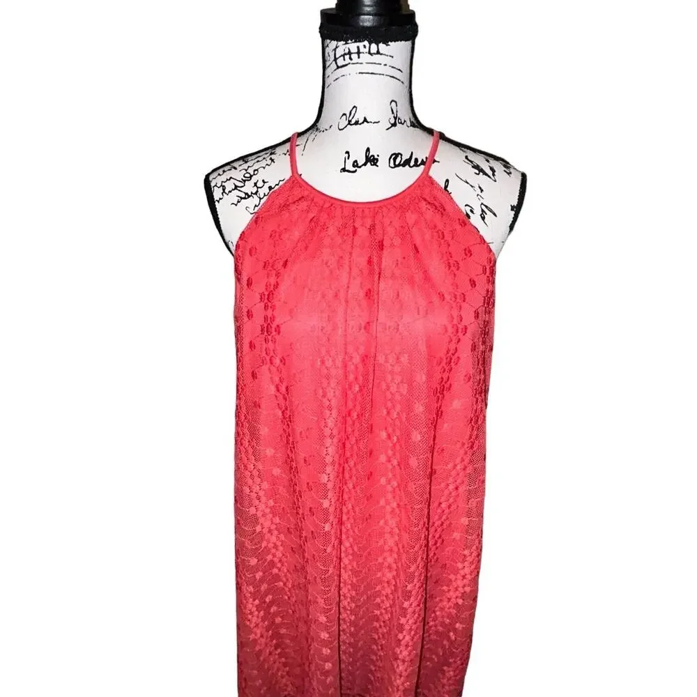 Maggy London Pink Lace Eyelet Keyhole Back Sleeveless Asymmetrical Dress Size 14